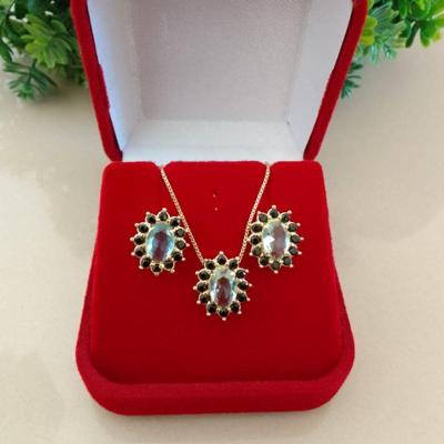 Conjunto de Joias Jhulias Joias e Semi Joias Conjunto Oval Pedra Azul e Mini Zircônias Preta