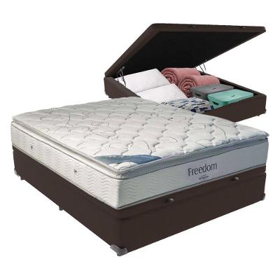 Cama Box com Baú Casal Freedom Molas Ensacadas Espuma Viscoelástica D33 Marrom Colchão Branco