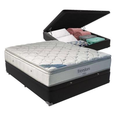 Cama Box com Baú Casal Freedom Pillow Top Molas Ensacadas Courino Preto Ortobom 138CM