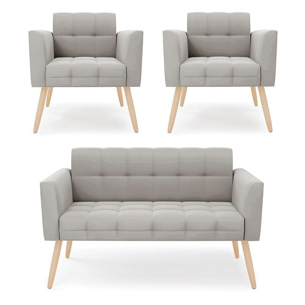 Kit 1 Sofá Namoradeira E 2 Poltronas Elisa Veludo Cinza Pés Palito Natural - D'rossi - 1