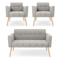 Kit 1 Sofá Namoradeira E 2 Poltronas Elisa Veludo Cinza Pés Palito Natural - D'rossi - 1