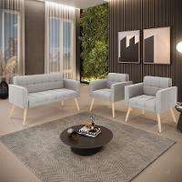 Kit 1 Sofá Namoradeira E 2 Poltronas Elisa Veludo Cinza Pés Palito Natural - D'rossi - 3