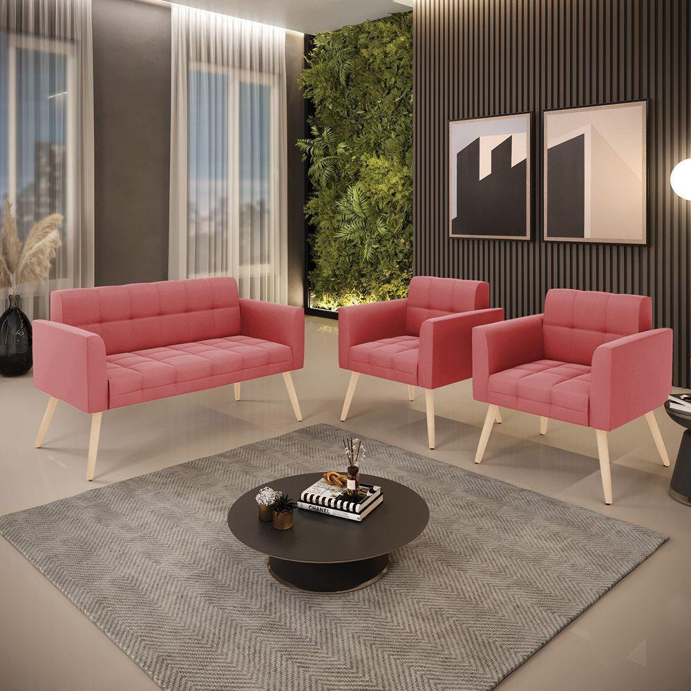 Kit 1 Sofá Namoradeira E 2 Poltronas Elisa Suede Rosê Pés Palito Natural - D'rossi - 4