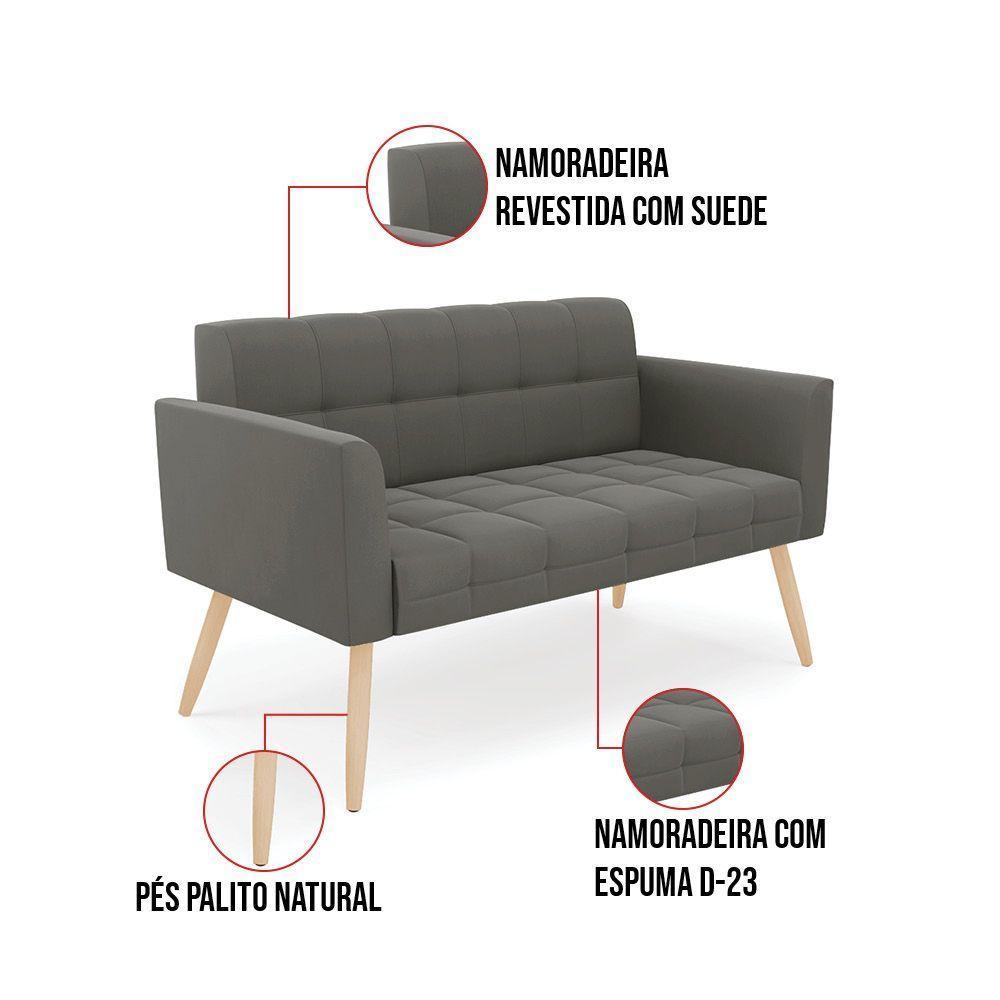 Kit 1 Sofá Namoradeira E 2 Poltronas Elisa Suede Pés Palito Natural - D'rossi Cor Grafite - 6