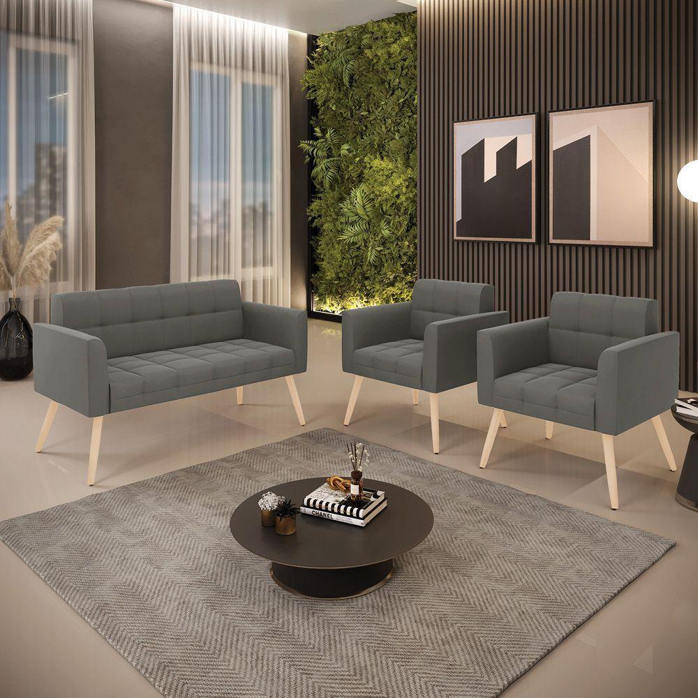 Kit 1 Sofá Namoradeira E 2 Poltronas Elisa Suede Pés Palito Natural - D'rossi Cor Grafite - 9