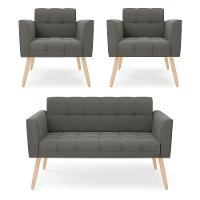 Kit 1 Sofá Namoradeira E 2 Poltronas Elisa Suede Pés Palito Natural - D'rossi Cor Grafite - 1