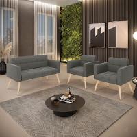 Kit 1 Sofá Namoradeira E 2 Poltronas Elisa Suede Pés Palito Natural - D'rossi Cor Grafite - 8