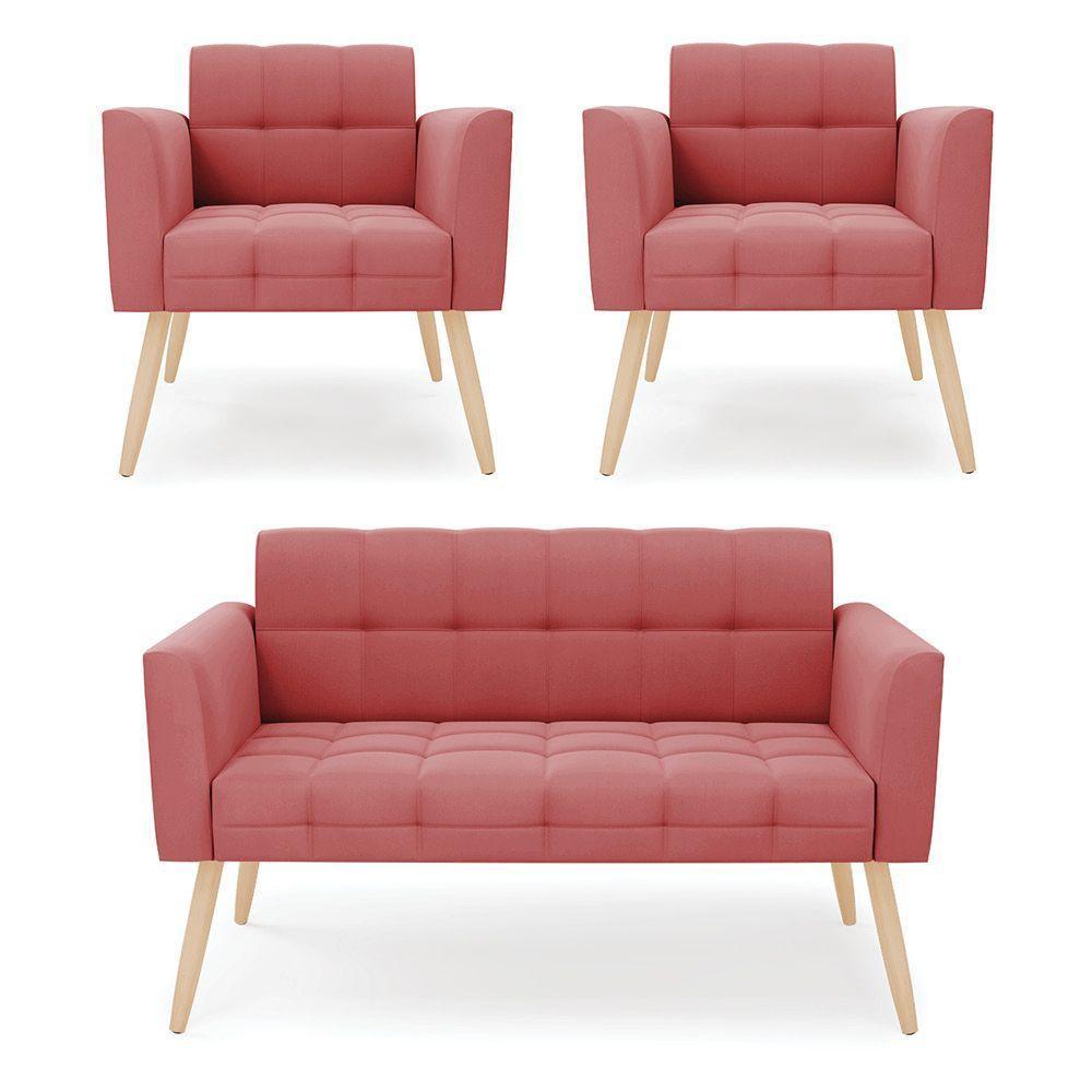 Kit 1 Sofá Namoradeira E 2 Poltronas Elisa Suede Pés Palito  - D'rossi Cor Rose - 1