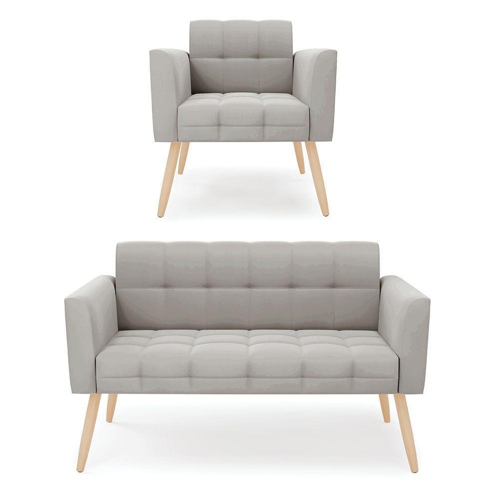 Kit 1 Sofá Namoradeira E 1 Poltrona Elisa Veludo Cinza Pés Palito Natural - D'rossi - 1