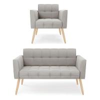 Kit 1 Sofá Namoradeira E 1 Poltrona Elisa Veludo Cinza Pés Palito Natural - D'rossi - 1