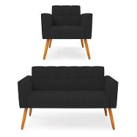 Kit 1 Sofá Namoradeira E 1 Poltrona Elisa Veludo Pés Palito Castanho - D'rossi Cor Preto - 1