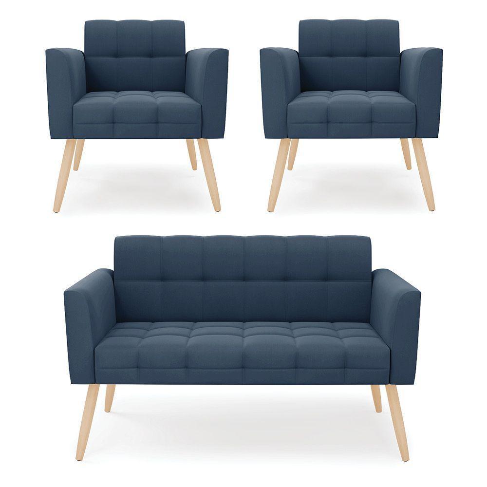Kit 1 Sofá Namoradeira E 2 Poltronas Elisa Suede Pés Palito Natural - D'rossi Cor Azul Marinho - 1
