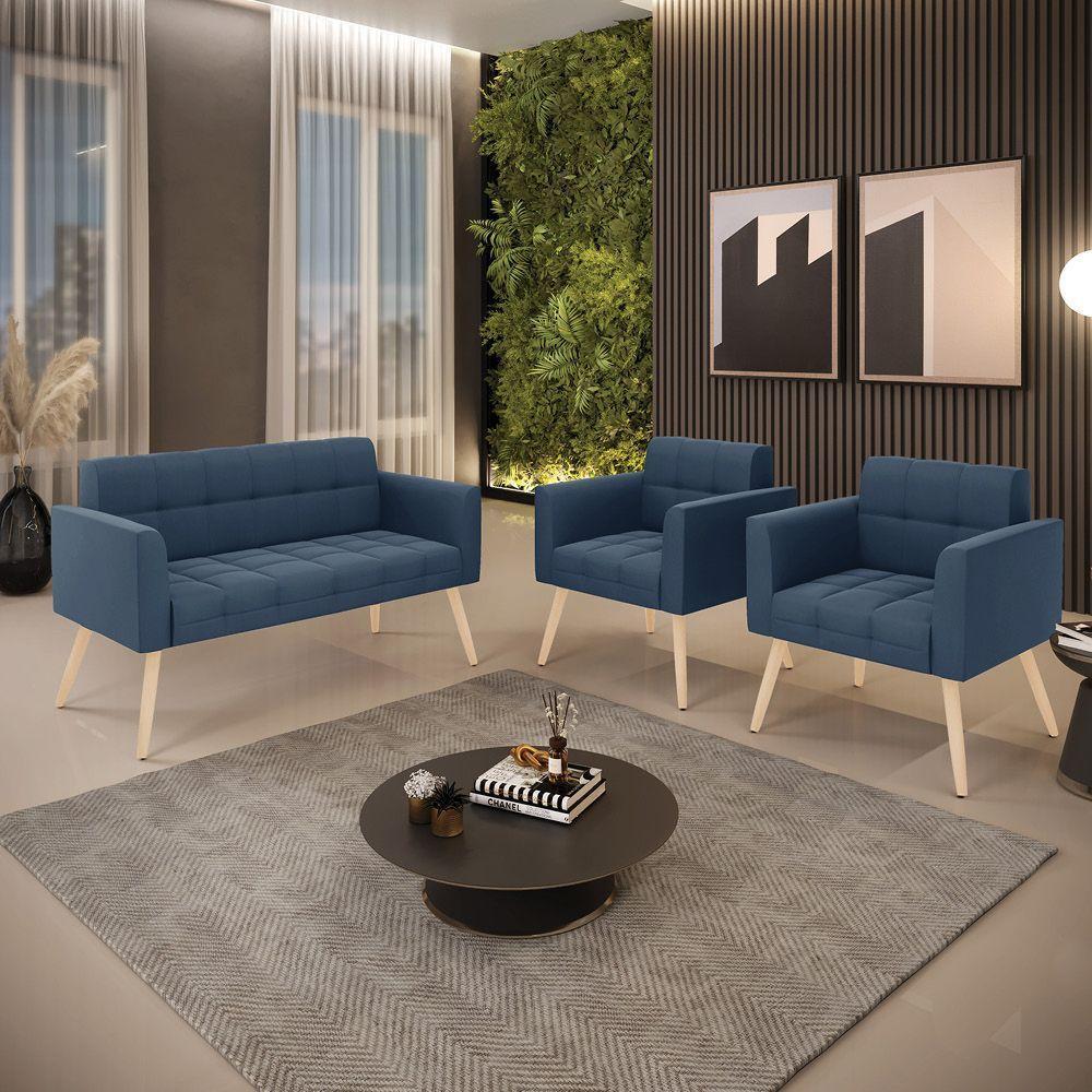 Kit 1 Sofá Namoradeira E 2 Poltronas Elisa Suede Pés Palito Natural - D'rossi Cor Azul Marinho - 7