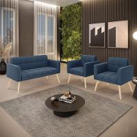 Kit 1 Sofá Namoradeira E 2 Poltronas Elisa Suede Pés Palito Natural - D'rossi Cor Azul Marinho - 7