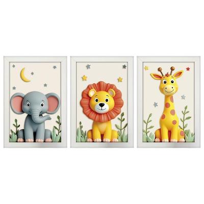 Kit de Quadros Safari Savana 3D Retangular com Moldura de Madeira Maciça Branca Arte na Arte