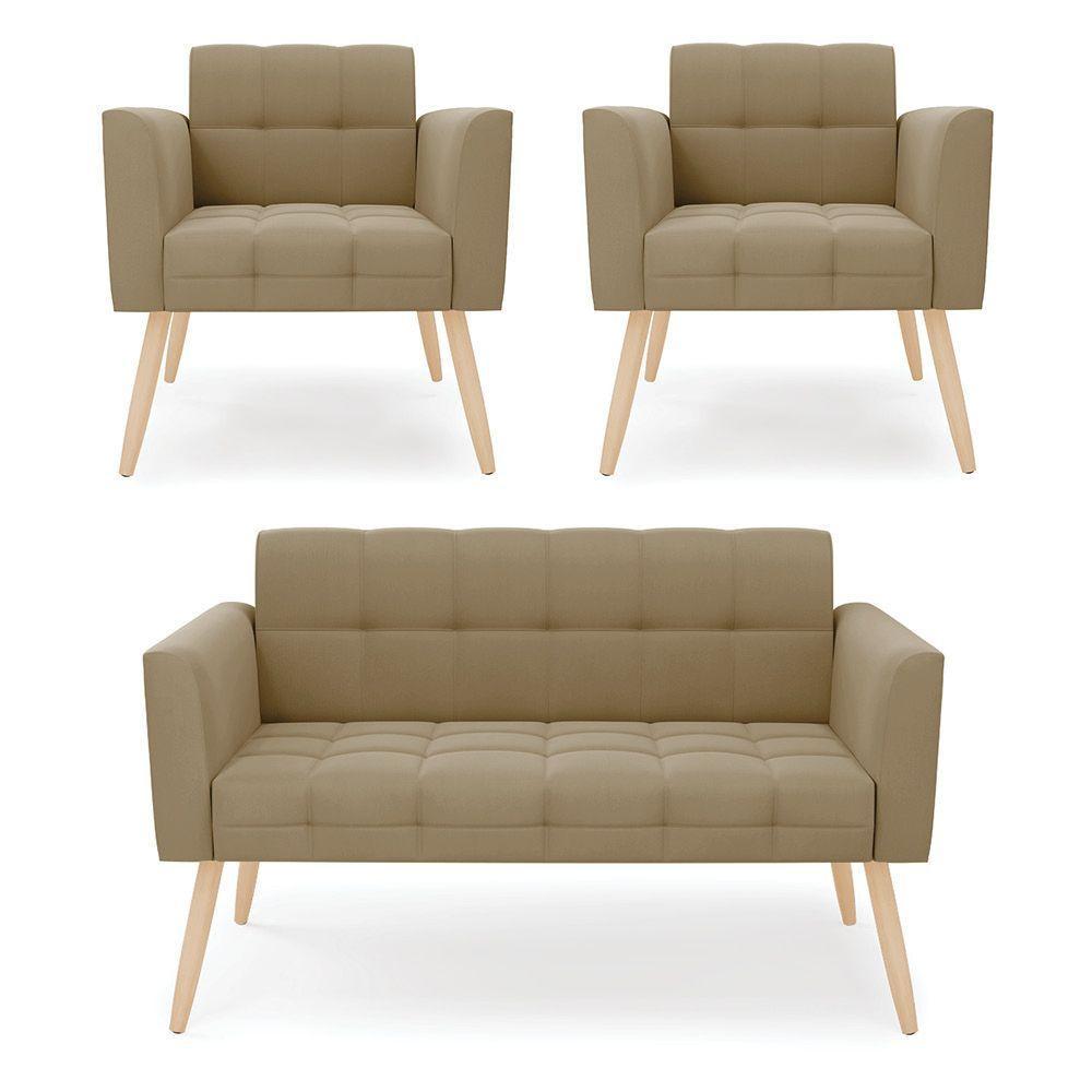 Kit 1 Sofá Namoradeira E 2 Poltronas Elisa Suede Marrom Rato Pés Palito  - D'rossi - 1