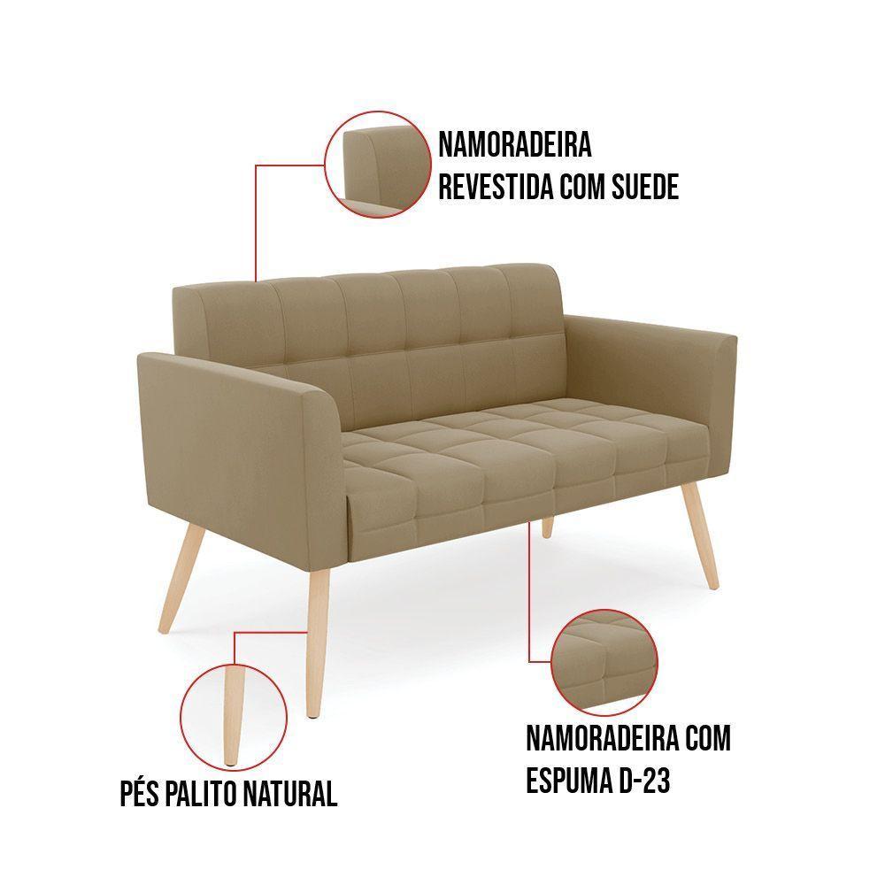 Kit 1 Sofá Namoradeira E 2 Poltronas Elisa Suede Marrom Rato Pés Palito  - D'rossi - 5