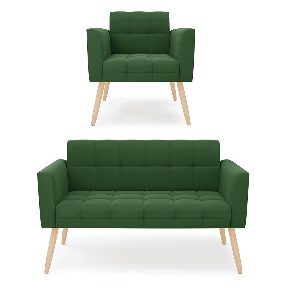 Kit 1 Sofá Namoradeira E 1 Poltrona Elisa Suede Pés Palito Natural - D'rossi Cor Verde - 1