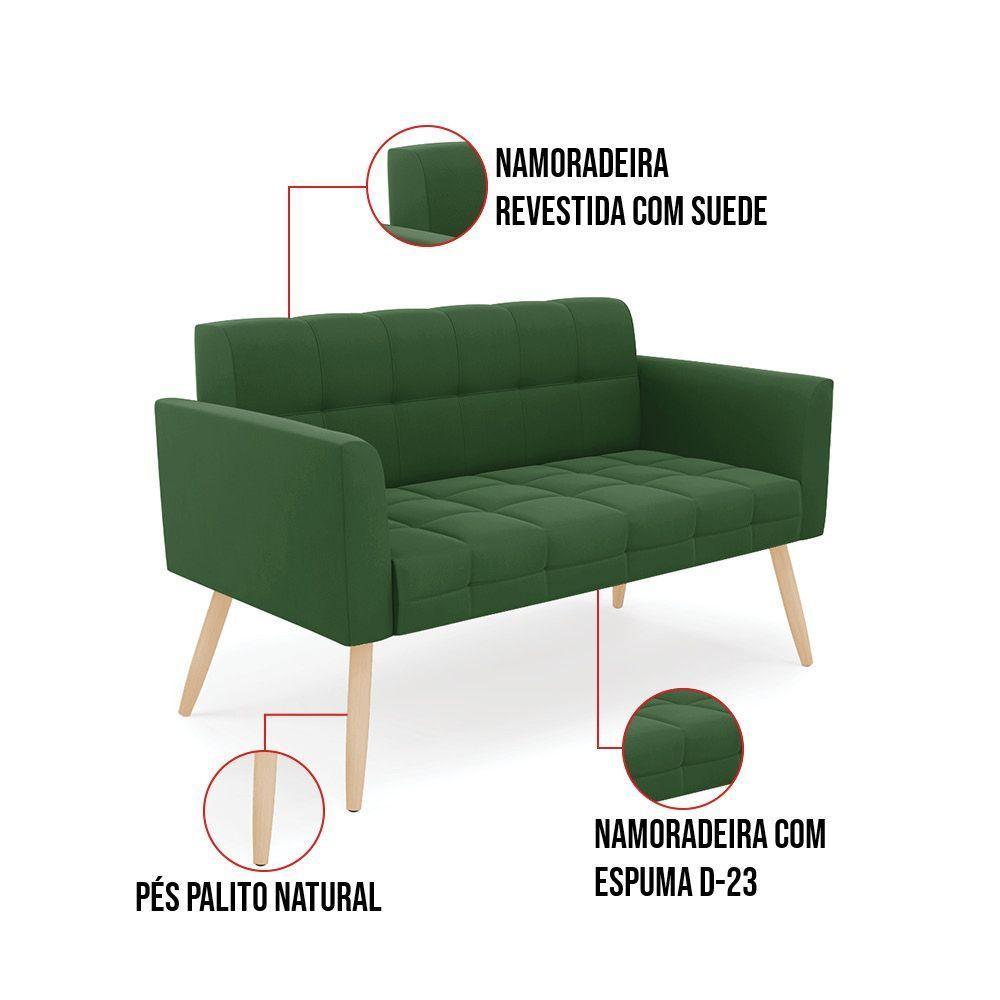 Kit 1 Sofá Namoradeira E 1 Poltrona Elisa Suede Pés Palito Natural - D'rossi Cor Verde - 6
