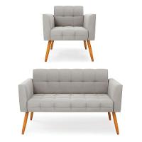 Kit 1 Sofá Namoradeira E 1 Poltrona Elisa Veludo Pés Palito Castanho - D'rossi Cor Cinza - 1