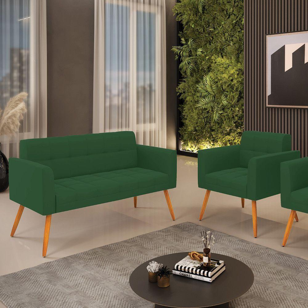Kit 1 Sofá Namoradeira E 1 Poltrona Elisa Veludo Pés Palito Castanho - D'rossi Cor Verde - 5