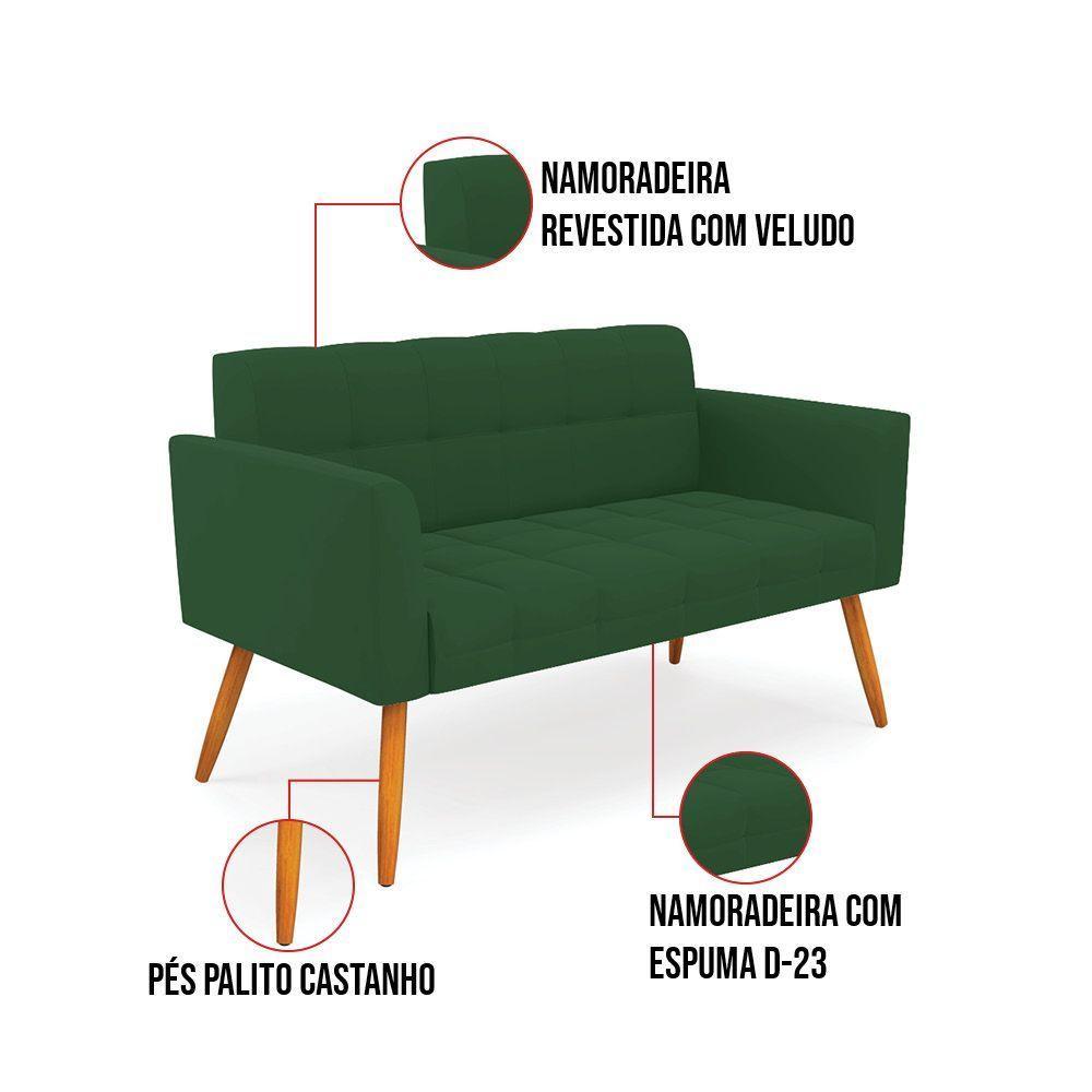 Kit 1 Sofá Namoradeira E 1 Poltrona Elisa Veludo Pés Palito Castanho - D'rossi Cor Verde - 8