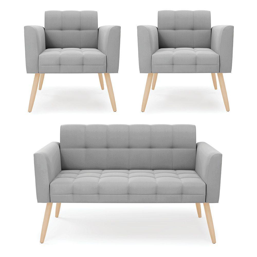 Kit 1 Sofá Namoradeira E 2 Poltronas Elisa Suede Pés Palito  - D'rossi Cor Cinza - 1