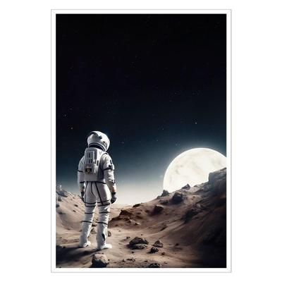 Quadro Decorativo Astronauta e Lua Retangular com Moldura de Madeira Maciça Branco Arte na Arte