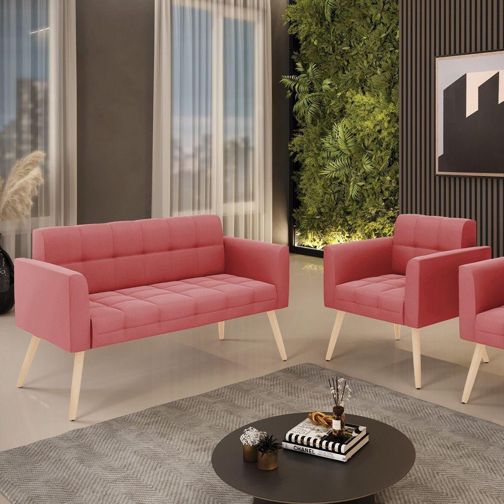 Kit 1 Sofá Namoradeira E 1 Poltrona Elisa Suede Pés Palito Natural - D'rossi Cor Rose - 7