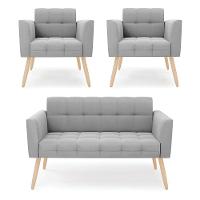 Kit 1 Sofá Namoradeira E 2 Poltronas Elisa Suede Cinza Pés Palito Natural - D'rossi - 1