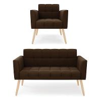 Kit 1 Sofá Namoradeira E 1 Poltrona Elisa Suede Pés Palito Natural - D'rossi Cor Marrom - 1