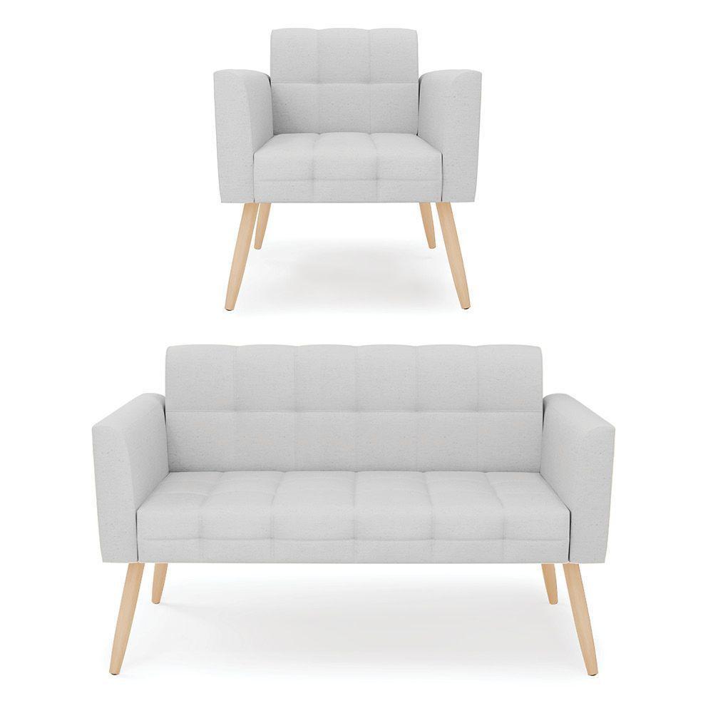 Kit 1 Sofá Namoradeira E 1 Poltrona Elisa Linho Cinza A05 Pés Palito Natural - D'rossi - 1