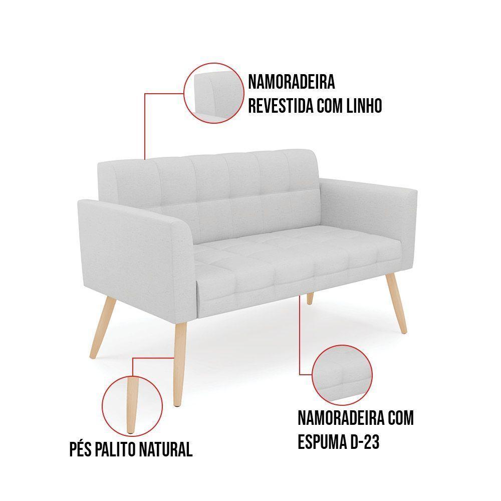 Kit 1 Sofá Namoradeira E 1 Poltrona Elisa Linho Cinza A05 Pés Palito Natural - D'rossi - 5
