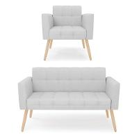 Kit 1 Sofá Namoradeira E 1 Poltrona Elisa Linho Cinza A05 Pés Palito Natural - D'rossi - 1