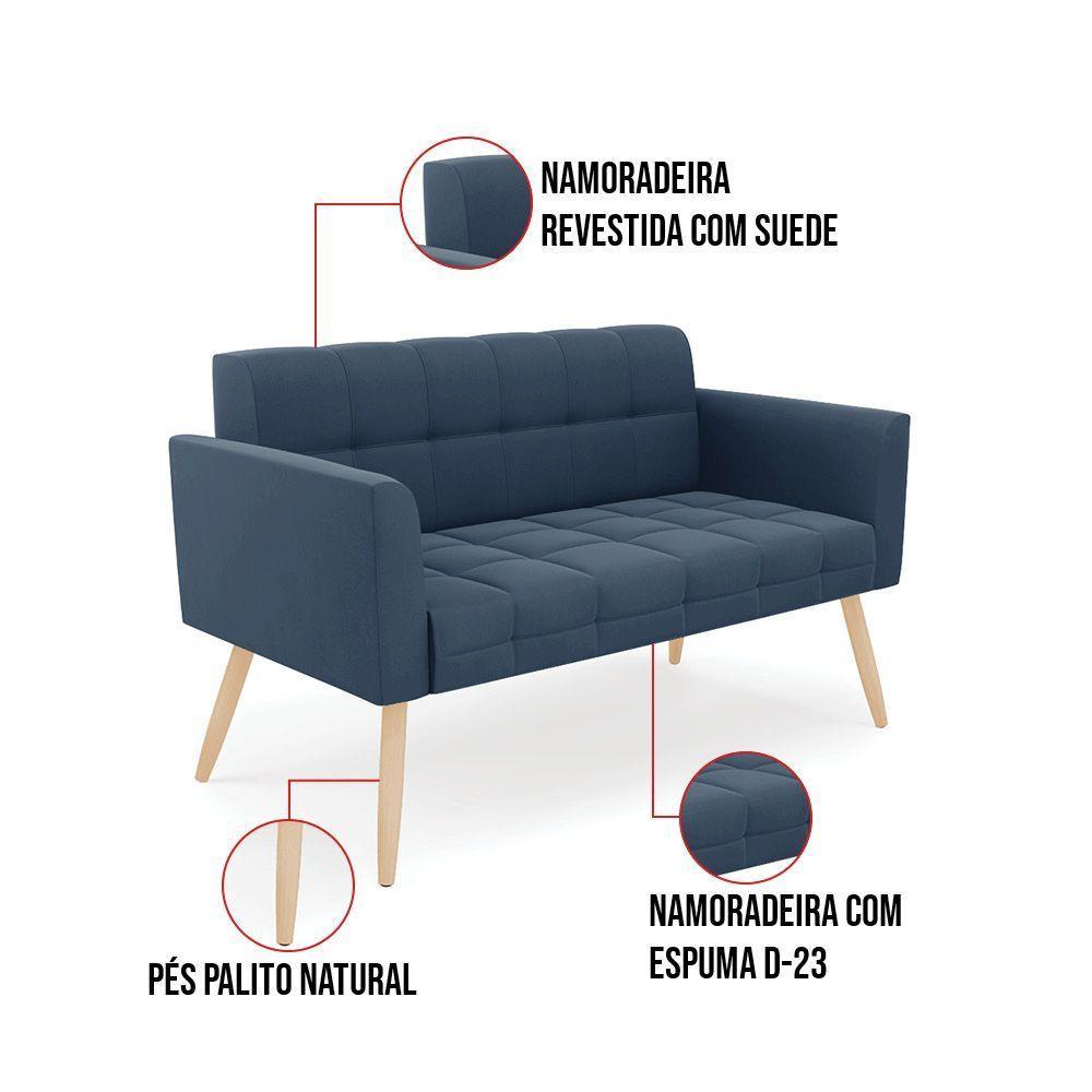 Kit 1 Sofá Namoradeira E 1 Poltrona Elisa Suede Azul Marinho Pés Palito Natural - D'rossi - 6
