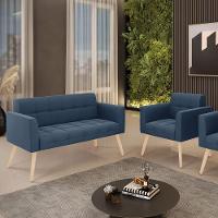 Kit 1 Sofá Namoradeira E 1 Poltrona Elisa Suede Azul Marinho Pés Palito Natural - D'rossi - 2