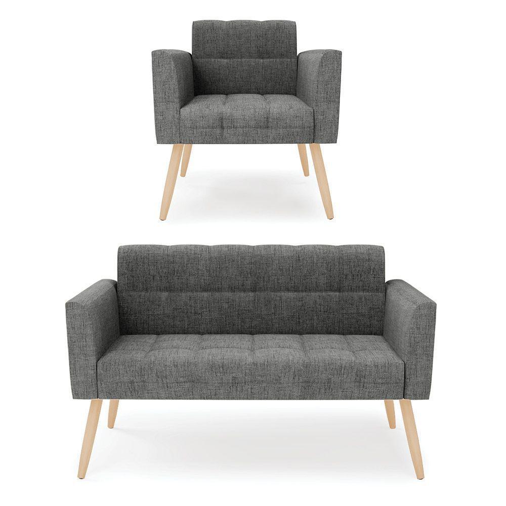 Kit 1 Sofá Namoradeira E 1 Poltrona Elisa Linho Grafite A26 Pés Palito Natural - D'rossi - 1