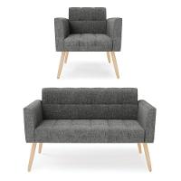 Kit 1 Sofá Namoradeira E 1 Poltrona Elisa Linho Grafite A26 Pés Palito Natural - D'rossi - 1