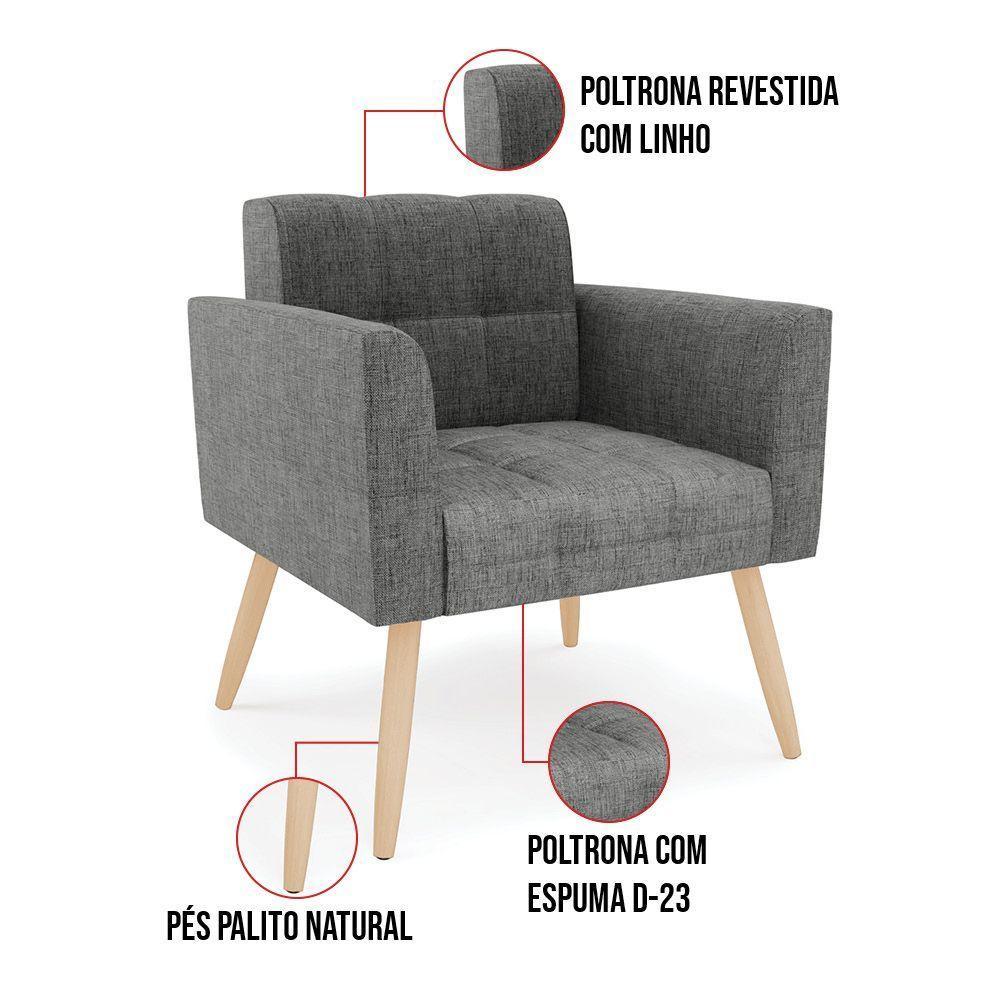 Kit 1 Sofá Namoradeira E 1 Poltrona Elisa Linho Pés Palito  - D'rossi Cor A26 Grafite - 2