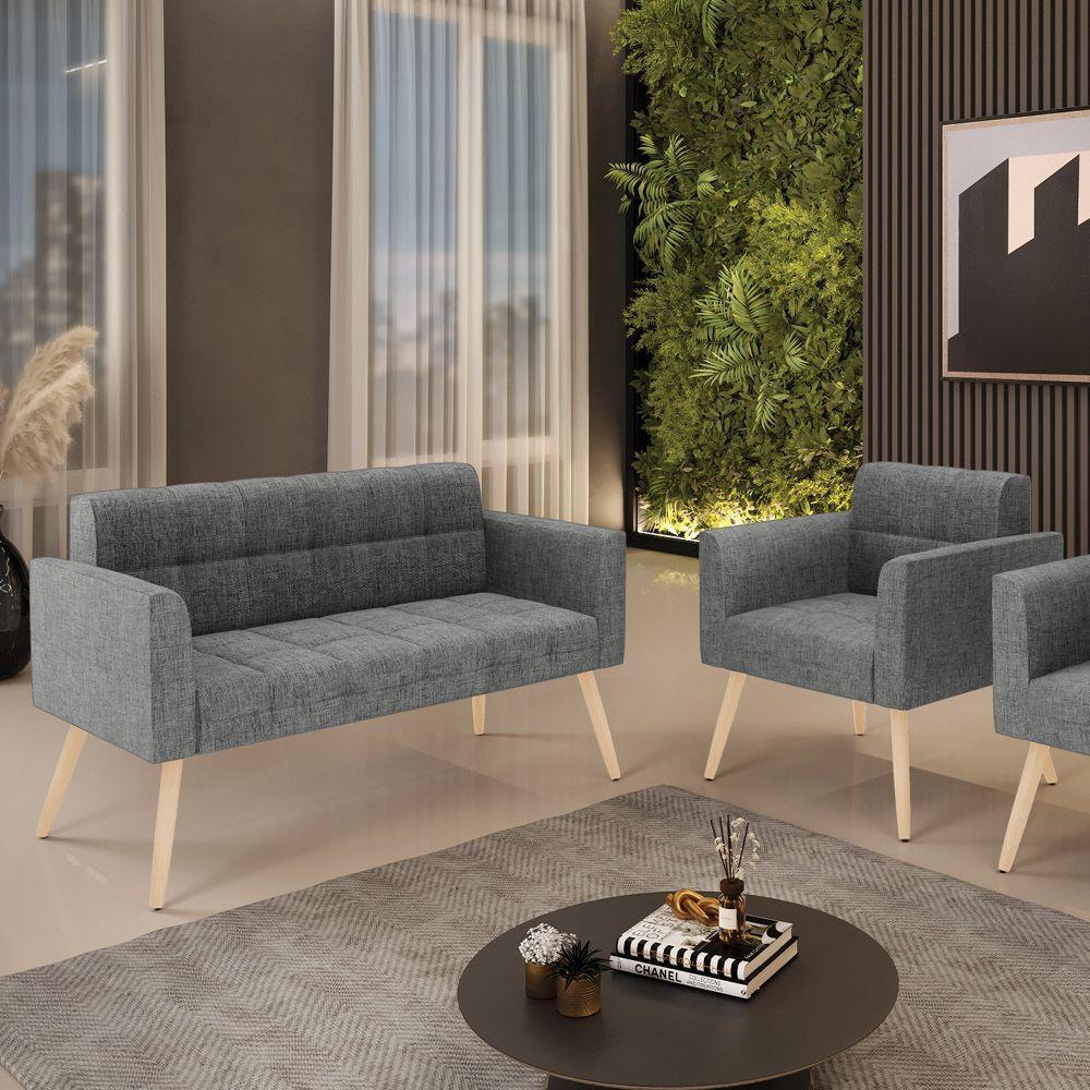 Kit 1 Sofá Namoradeira E 1 Poltrona Elisa Linho Pés Palito  - D'rossi Cor A26 Grafite - 6