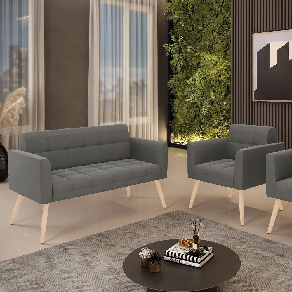 Kit 1 Sofá Namoradeira E 1 Poltrona Elisa Suede Pés Palito Natural - D'rossi Cor Grafite - 7