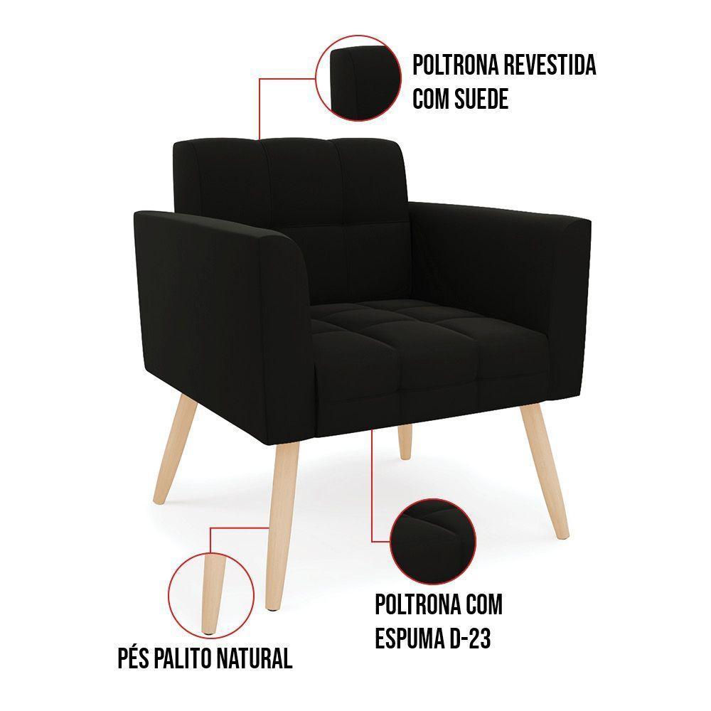 Kit 1 Sofá Namoradeira E 1 Poltrona Elisa Suede Pés Palito  - D'rossi Cor Preto - 5