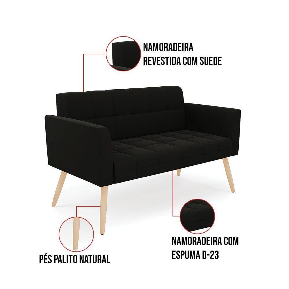 Kit 1 Sofá Namoradeira E 1 Poltrona Elisa Suede Pés Palito  - D'rossi Cor Preto - 7