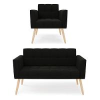Kit 1 Sofá Namoradeira E 1 Poltrona Elisa Suede Pés Palito  - D'rossi Cor Preto - 1