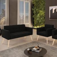 Kit 1 Sofá Namoradeira E 1 Poltrona Elisa Suede Pés Palito  - D'rossi Cor Preto