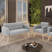 Kit 1 Sofá Namoradeira E 1 Poltrona Elisa Suede Pés Palito Natural - D'rossi Cor Cinza - 7