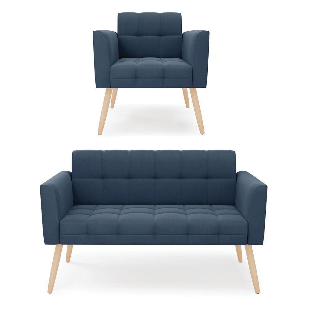 Kit 1 Sofá Namoradeira E 1 Poltrona Elisa Suede Pés Palito Natural - D'rossi Cor Azul Marinho - 1