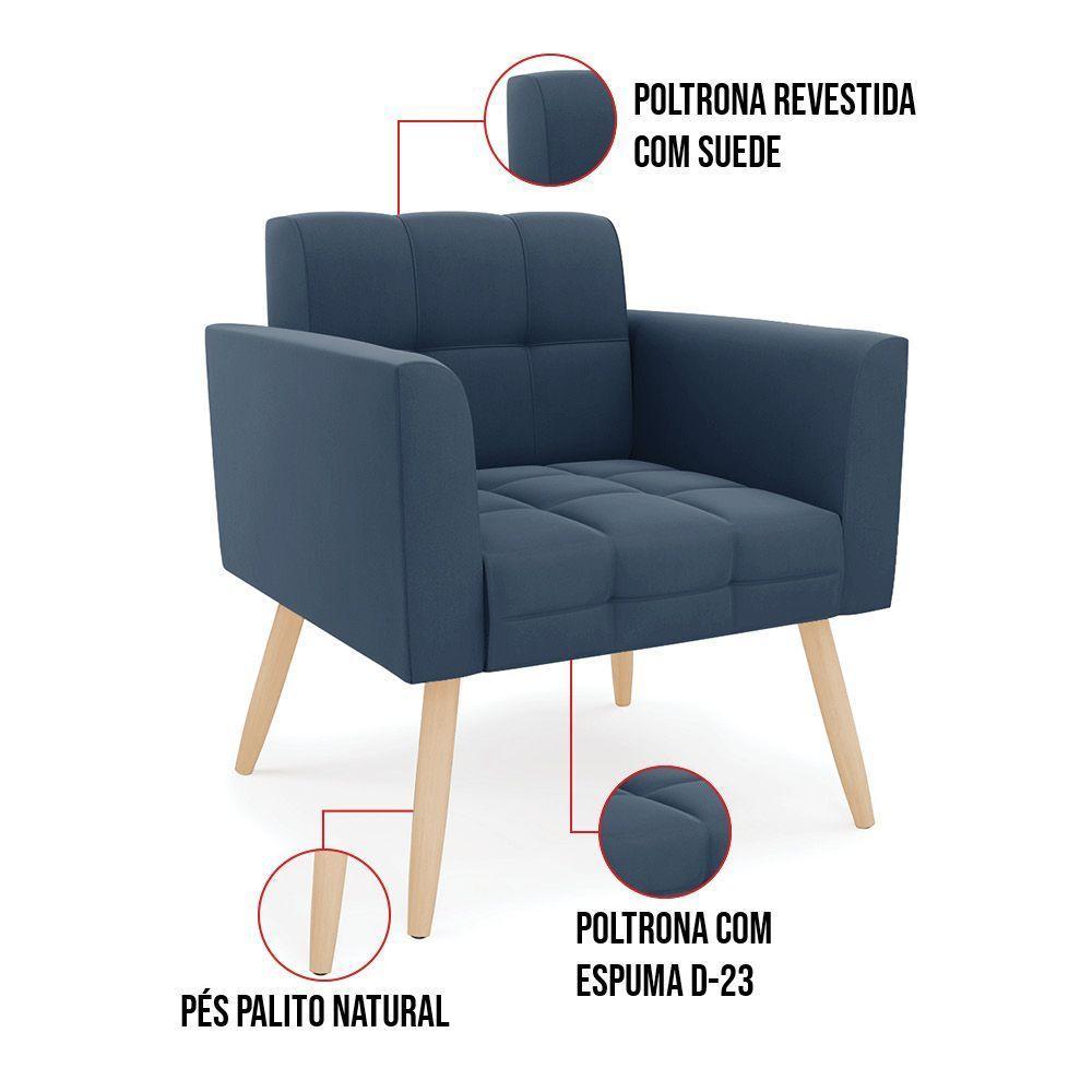 Kit 1 Sofá Namoradeira E 1 Poltrona Elisa Suede Pés Palito Natural - D'rossi Cor Azul Marinho - 6