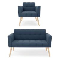 Kit 1 Sofá Namoradeira E 1 Poltrona Elisa Suede Pés Palito Natural - D'rossi Cor Azul Marinho - 1