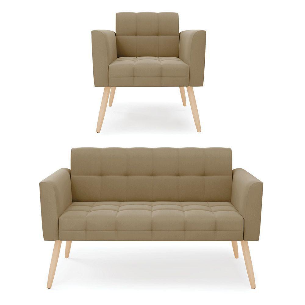 Kit 1 Sofá Namoradeira E 1 Poltrona Elisa Suede Marrom Rato Pés Palito Natural - D'rossi - 1